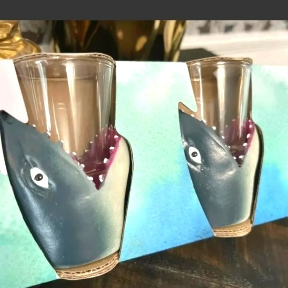 Set OF 4 GLASS SHARK SHOOTERS, SHARK SHOT GLASSES 2 OZ Coastal Nautical Sea Life